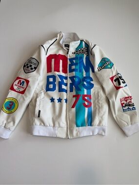 Members Only Racing Bomber Jacket Men’s Size Medium White Faux Leather Graphic